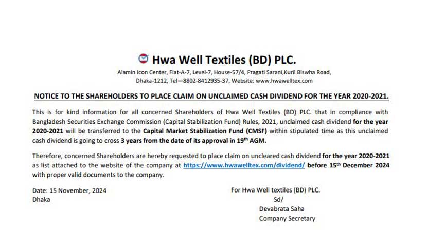 হা-ওয়েল টেক্সটাইলের অদাবিকৃত লভ্যাংশ সংক্রান্ত নোটিশ