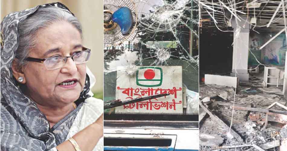 বিটিভির ‘ধ্বংসযজ্ঞ’ ঘুরে দেখলেন প্রধানমন্ত্রী